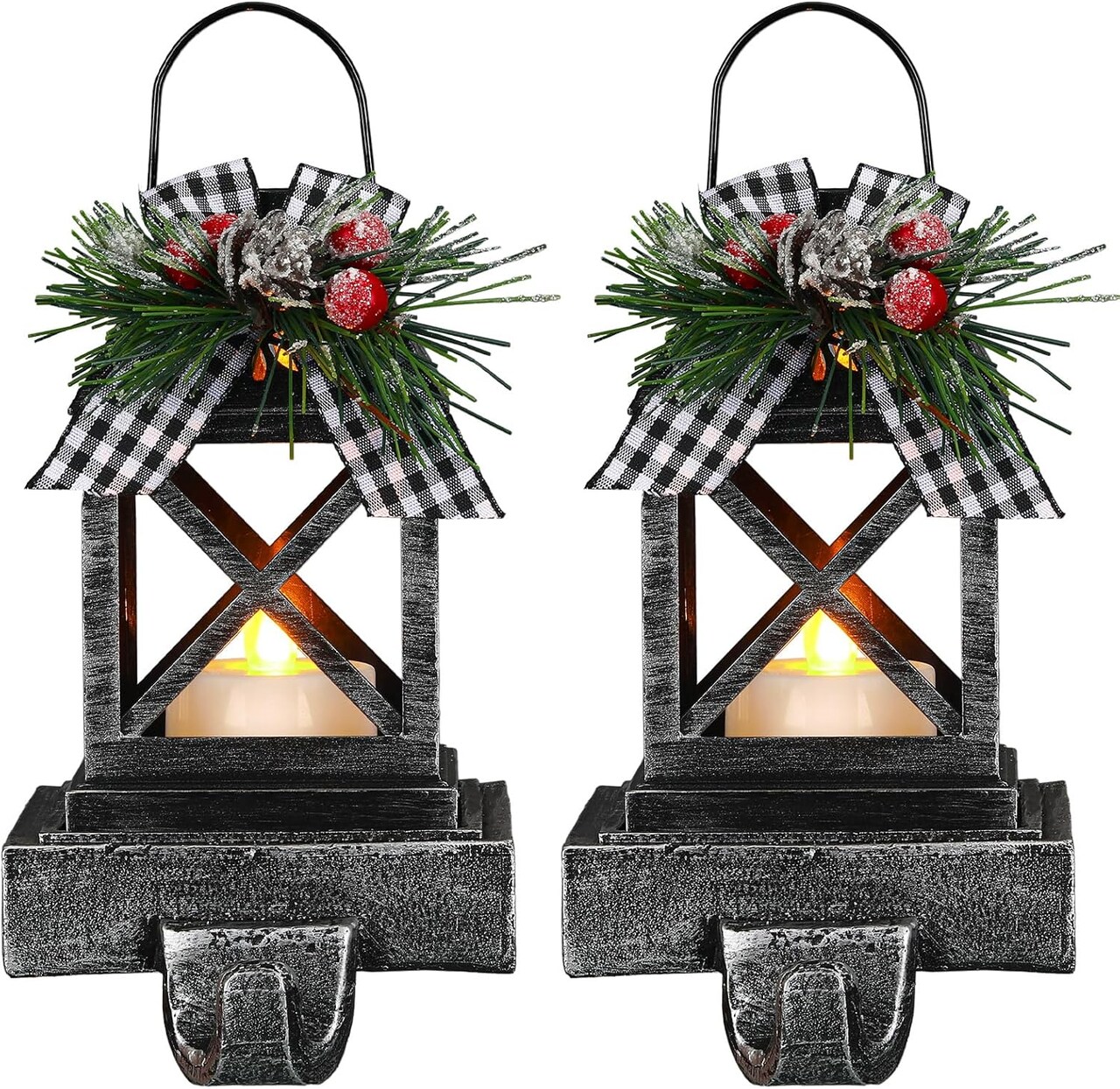 2 Pcs Christmas Stocking Holders Lantern Stocking Hangers for Mantel Retro Xmas Hooks Decorative Light up Stocking Holders for Christmas Stockings Hangers Home Indoor(Classic,Black)